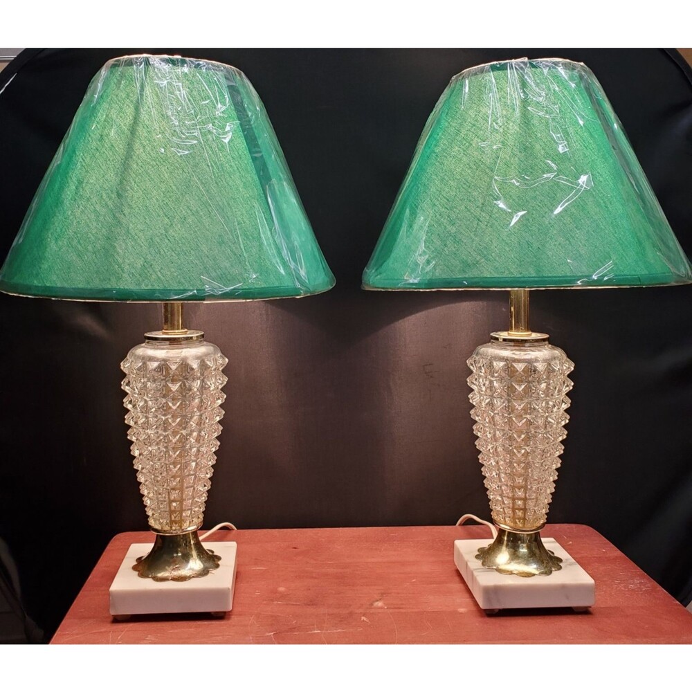 VTG Clear Boudoir Hobnail Glass Design On Marble Base Lamps 16.5” Gold Metal